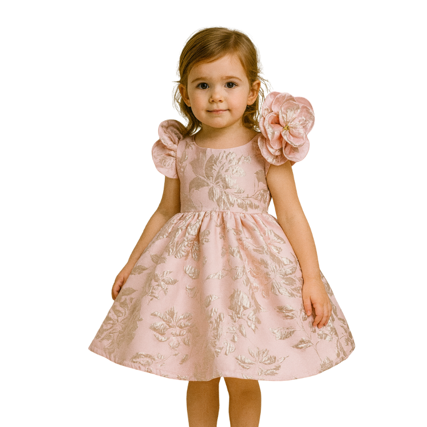 Pink Jacquard Dress with Rose Sleeves - G0095