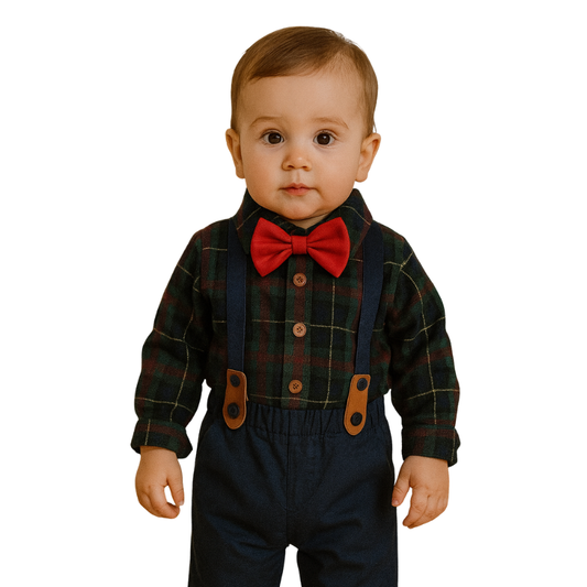 Toddler Boys Christmas Outfit Long Sleeves Plaid Shirt + Pants + Suspenders - B0030
