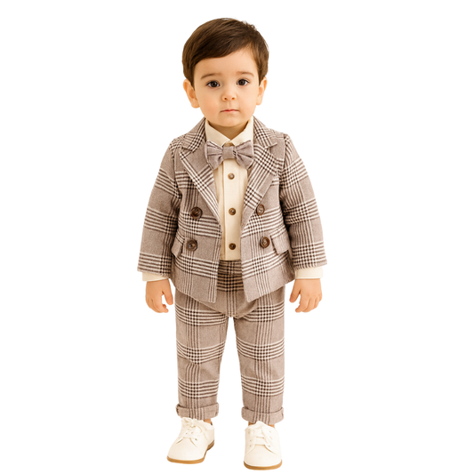 Boys' Plaid Blazer and Pants Set with Bow Tie - B0022