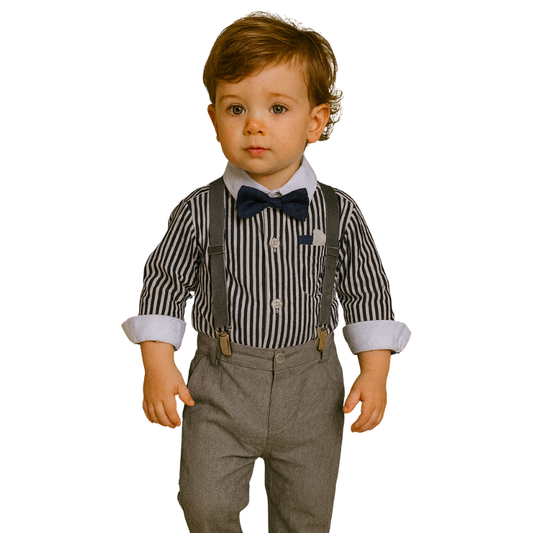 Boys' Striped Shirt and Gray Suspender Pants Set with Bow Tie - B0023