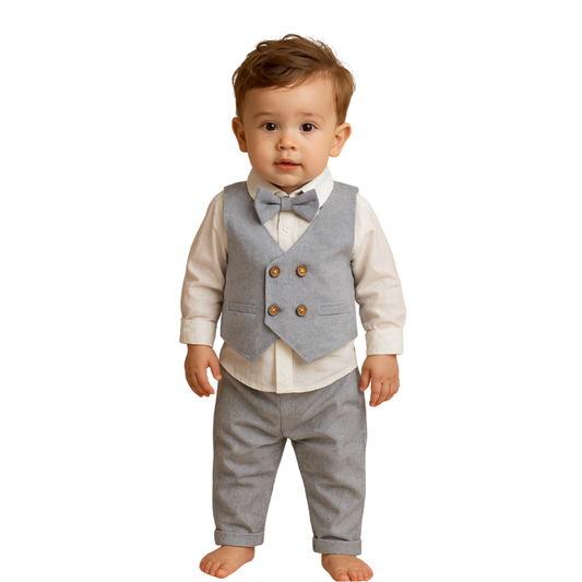 Toddlers Boys 3-Piece Elegant Linen Set Shirt + Vest & Bow Tie - B0031