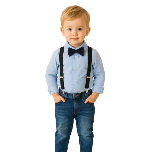 Boys Long Sleeve Shirt + Jeans + Suspenders & Bow Tie 4 pcs Set - B0011