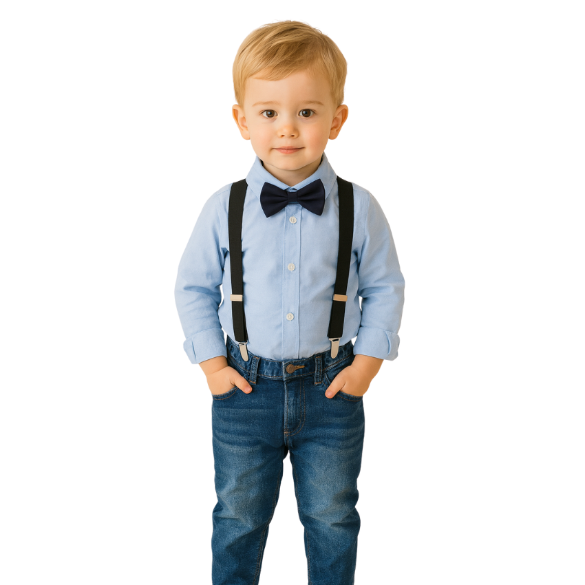Boys Long Sleeve Shirt + Jeans + Suspenders & Bow Tie 4 pcs Set - B0011