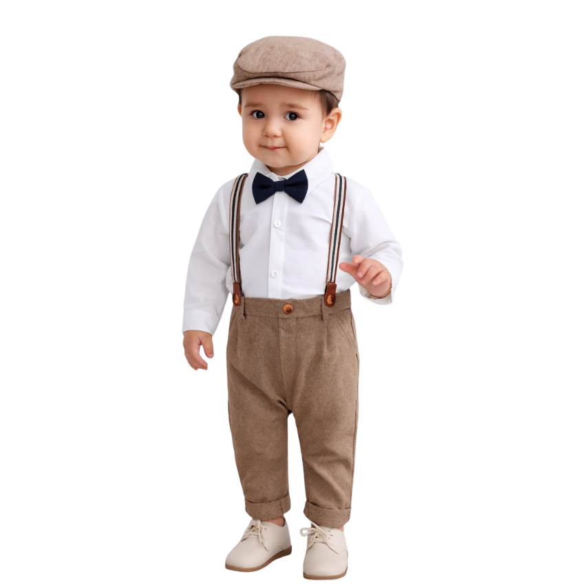 Baby and Toddler Boy Jumpsuit + Beret Hat + Suspenders & Bow Tie - B0001