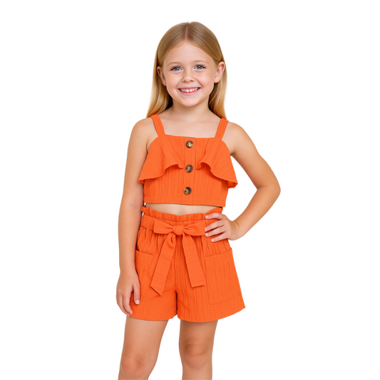 Girls Set Halter Top and Shorts With Belt