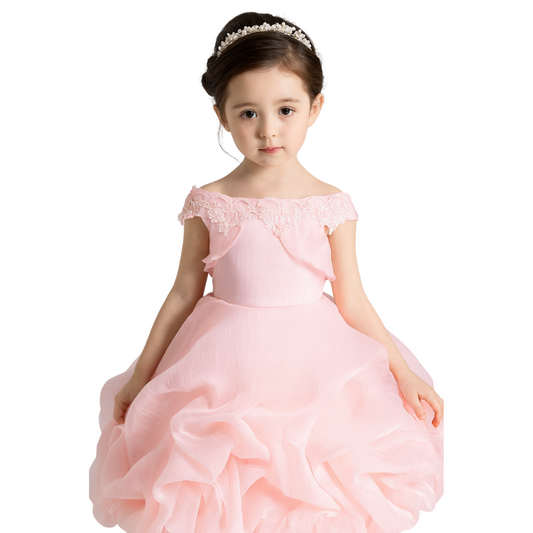 Birthday Dress for Little Girl, Short Sleeve Silk Dress - G0017