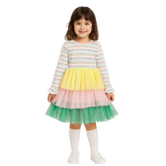 Casual Dress Long Sleeve Tulle Skirt for Autumn Winter Rainbow Dress - G0024