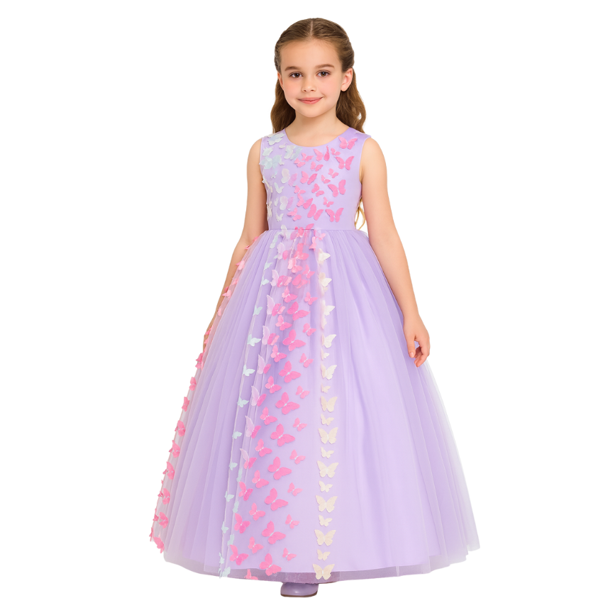 3D Butterfly Tulle Birthday Dress Long for Girls - G0003
