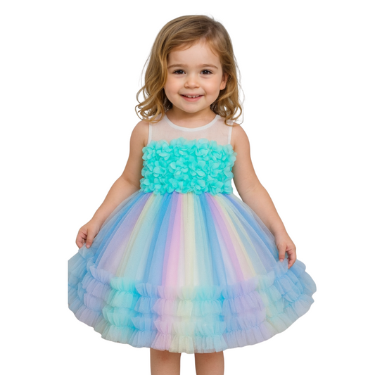 Rainbow Tutu Skirt Dress with Flower Application for Babies and Toddlers - G0105