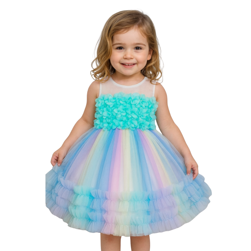 Rainbow Tutu Skirt Dress with Flower Application for Babies and Toddlers - G0105