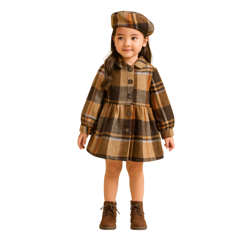 Brown Plaid Dress with Beret for Winter - G0021