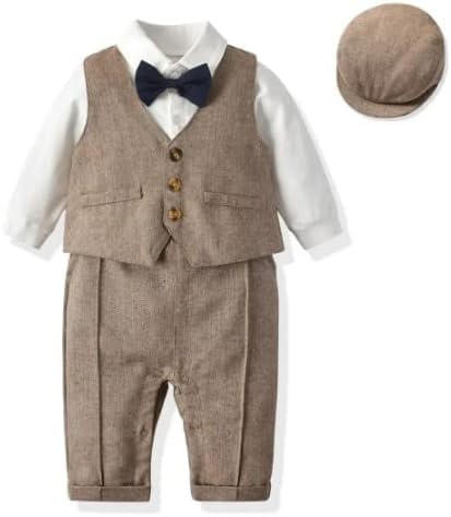 Baby Boys Gentleman Suit Long Sleeve Romper+ Bow Tie +Vest+Suspenders+ Beret Hat