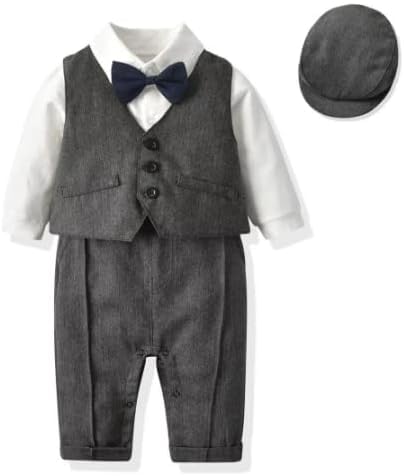 Baby Boys Gentleman Suit Long Sleeve Romper+ Bow Tie +Vest+Suspenders+ Beret Hat