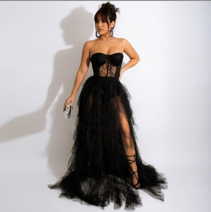 Women's Strapless Tulle Gown with Lace Bodice