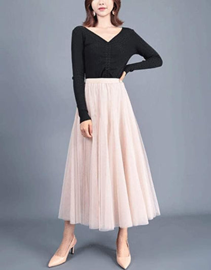 Women's Layered Tulle Skirts A-Line Mesh Midi Lenght Elegant Party