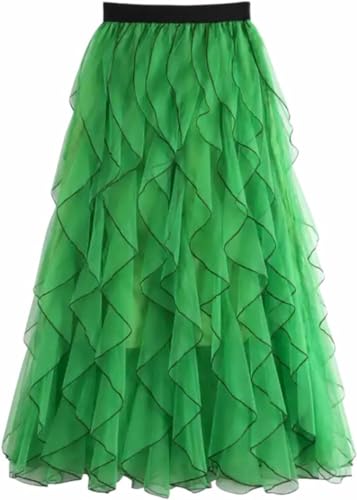 Women's Ruffled mesh Pleated midi Skirt, Elasticated high Waist