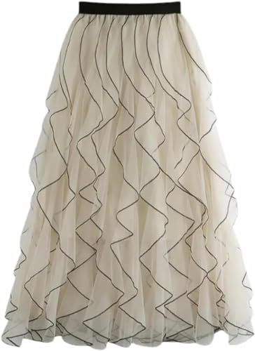 Women's Ruffled mesh Pleated midi Skirt, Elasticated high Waist