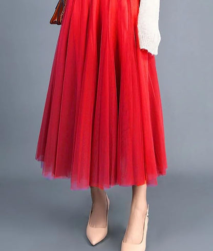 Women's Layered Tulle Skirts A-Line Mesh Midi Lenght Elegant Party