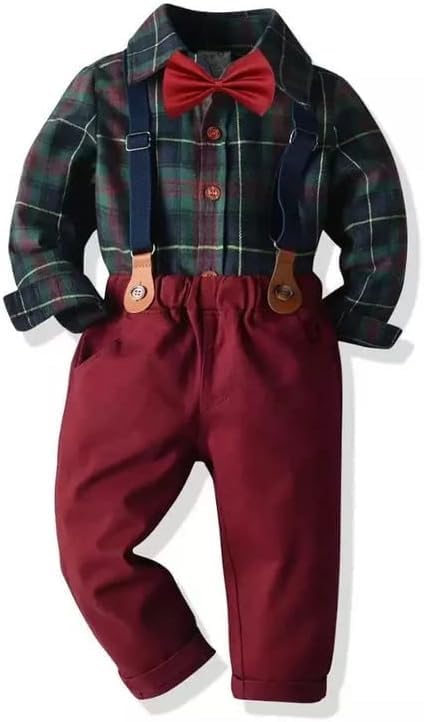 Toddler Boys Christmas Outfit Long Sleeve Plaid Shirt + Pants + Suspenders & Bow Tie