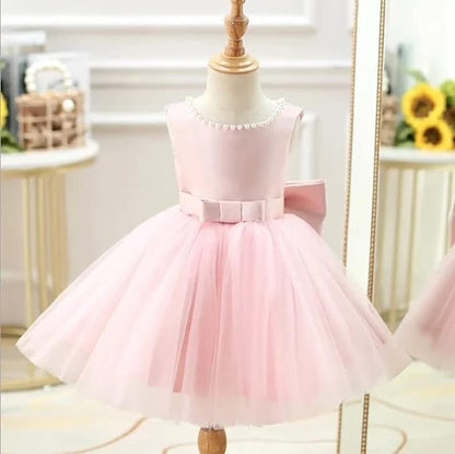 Girls Satin Princess Dress with Pearls and Love Shape Back