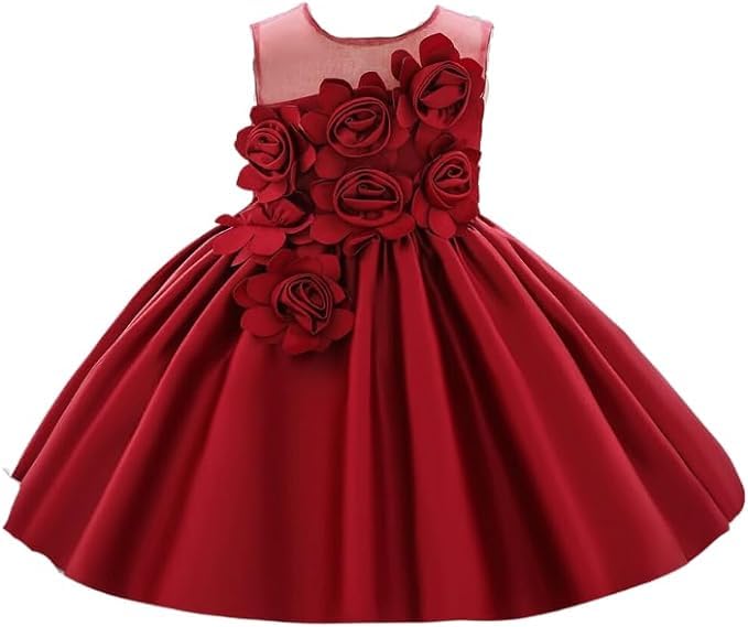Satin Dress for Babies and Girls with Floral Applications