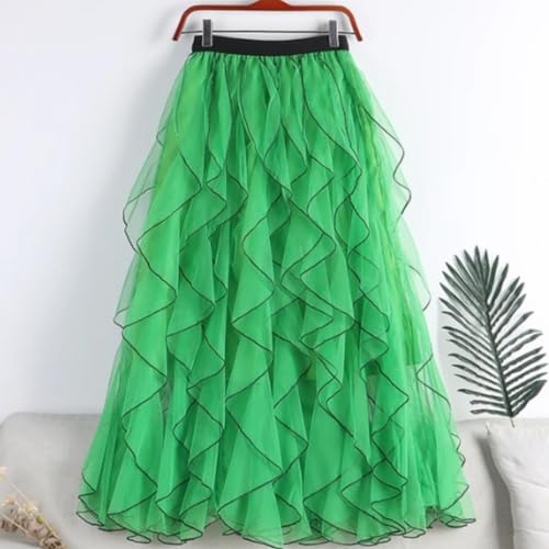 Women's Ruffled mesh Pleated midi Skirt, Elasticated high Waist