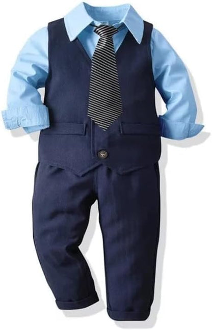 Boys Suit Casual Blue Set Vest + Pants + Light Blue Dress Shirt