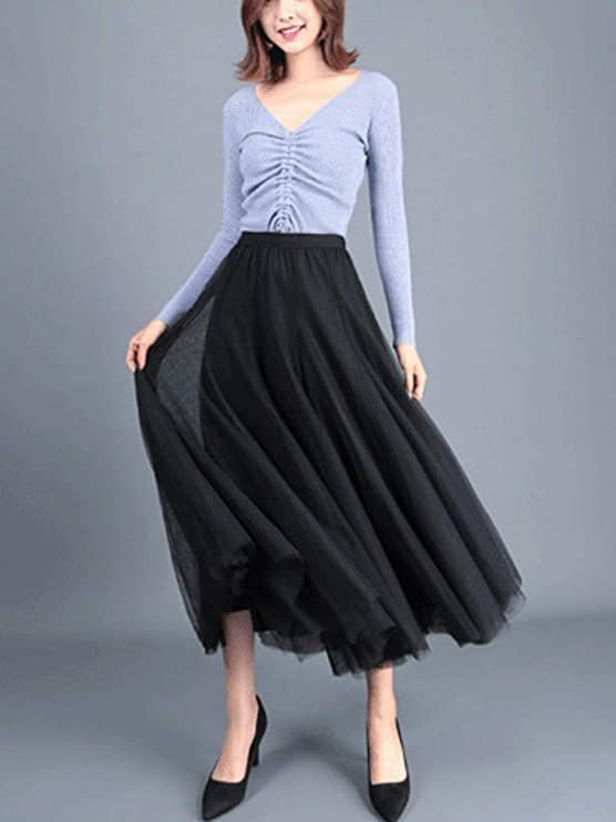 Women's Layered Tulle Skirts A-Line Mesh Midi Lenght Elegant Party