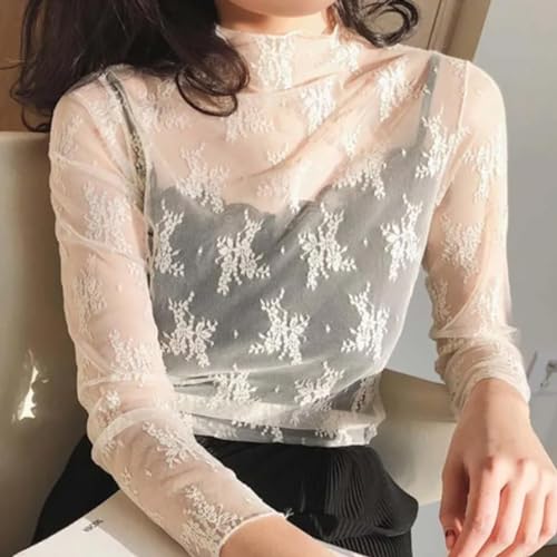 Women's Long Sleeve Turtleneck Lace Mesh Shirt Elegant Occasion