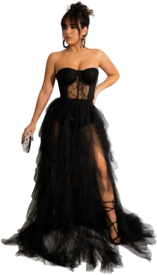 Women's Strapless Tulle Gown with Lace Bodice