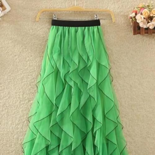 Women's Ruffled mesh Pleated midi Skirt, Elasticated high Waist