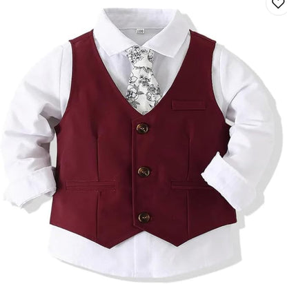 Toddler Baby Boys Christmas Outfit Formal Suit Gentleman Out Long Sleeve Shirt + Pants + Vest + Tie Set 4 pcs