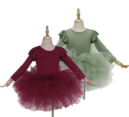 Girls Ballet Fluffy Tutu Dresses Long Sleeve Dance Leotards