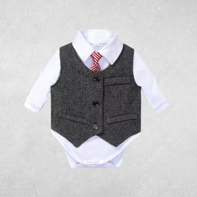 Newborn Boys Wool Set Vest + Pants + Jumpsuit Dress Shirt & Striped Tie