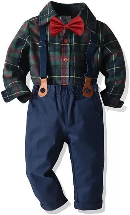 Toddler Boys Christmas Outfit Long Sleeve Plaid Shirt + Pants + Suspenders & Bow Tie