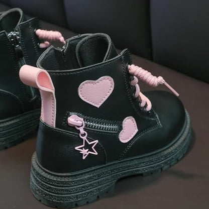 Little Girls Winter Boots Soft Sole Side Zip Heart Design Combat Boots