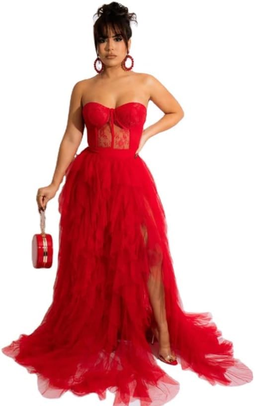 Women's Strapless Tulle Gown with Lace Bodice