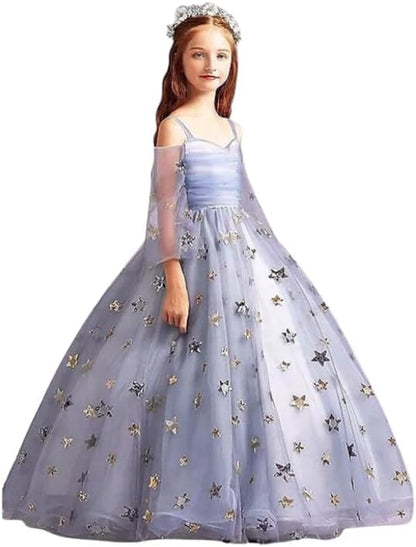 Elegant Long Princess Gown with Tulle Sleeves and a Skirt with Stars for Girls