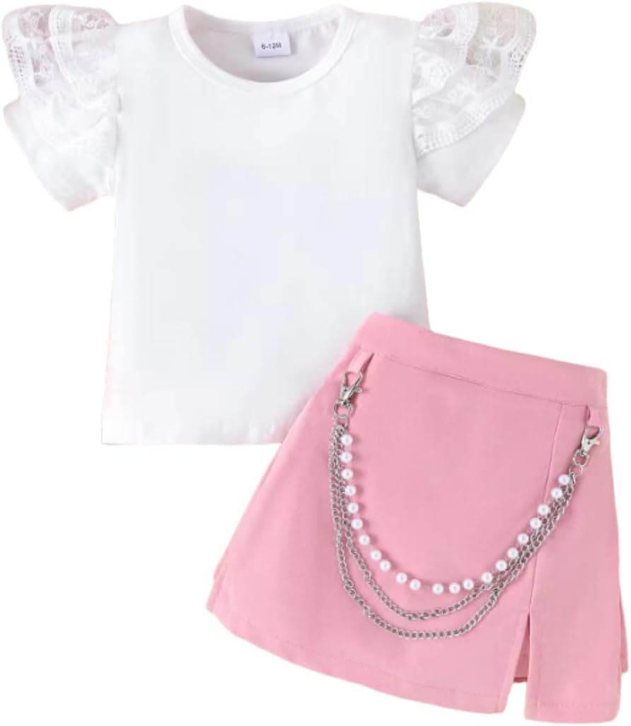 Baby and Toddler Girl Flying Sleeve Top and Skirt Pearl Chain 2 pieces Set