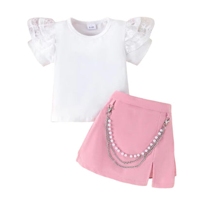 Baby and Toddler Girl Flying Sleeve Top and Skirt Pearl Chain 2 pieces Set