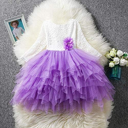 Long Sleeve lace Dress with Layered Tulle Skirt for Girls