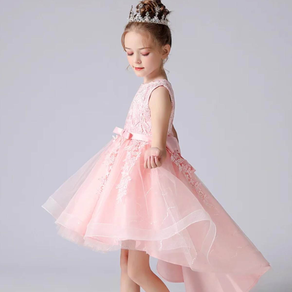 Princess Girl's Dress with Lace and Floral Embroidery