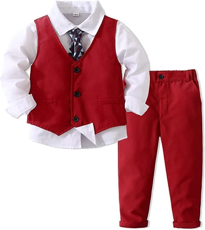 Toddler Baby Boys Christmas Outfit Formal Suit Gentleman Out Long Sleeve Shirt + Pants + Vest + Tie Set 4 pcs
