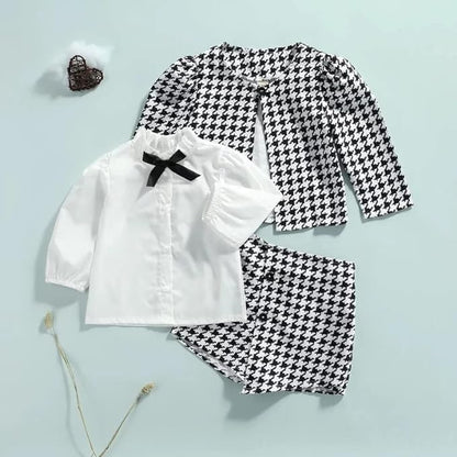 Toddler Girls Long Sleeve Plaid Cardigan + White Shirt +Plaid Short