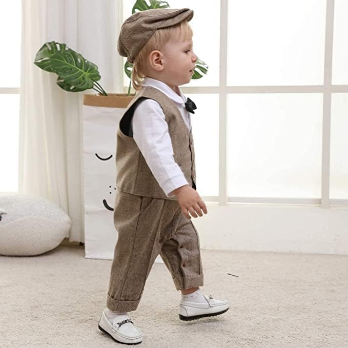 Baby Boys Gentleman Suit Long Sleeve Romper+ Bow Tie +Vest+Suspenders+ Beret Hat