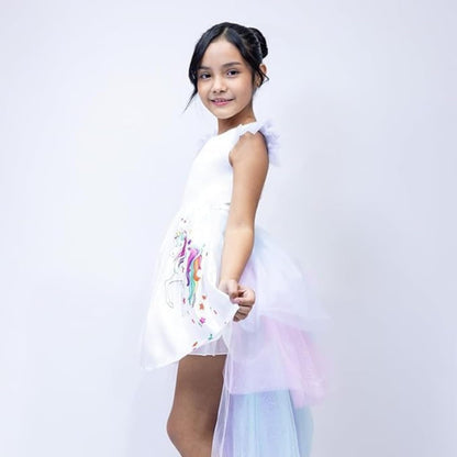 Unicorn Birthday Dress Princess Ruffle Sleeves Detachable long Tail