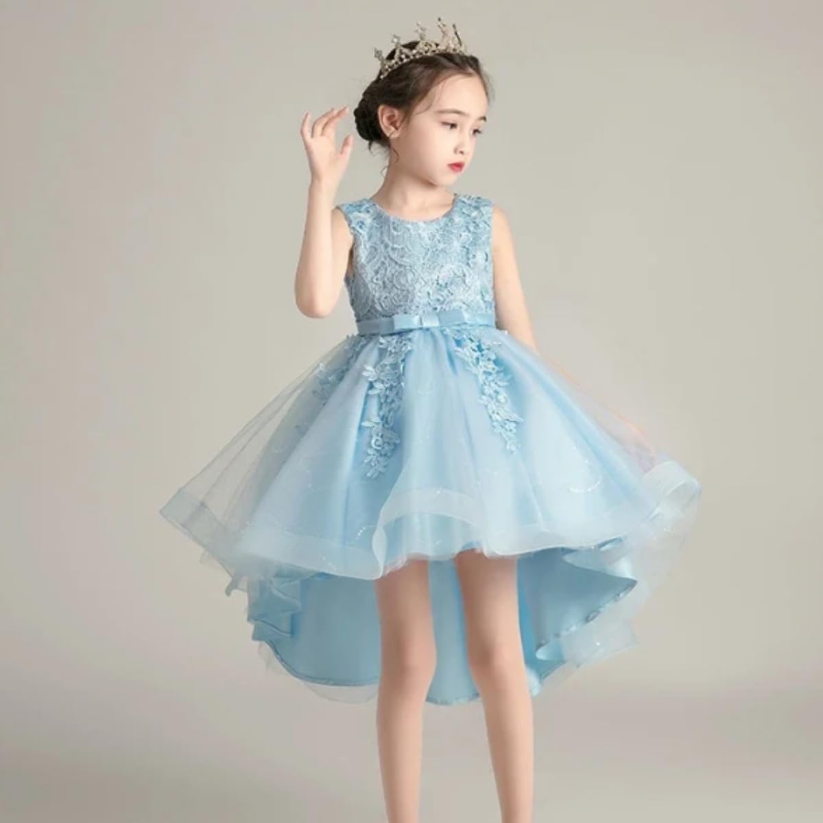 Princess Girl's Dress with Lace and Floral Embroidery