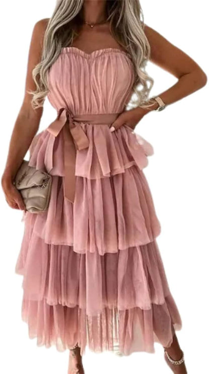 Women's Elegant Strapless Tiered Tulle Dress