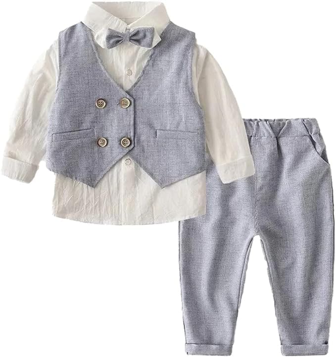 Toddlers Boys 3-Piece Elegant Linen Set Shirt + Vest & Bow Tie