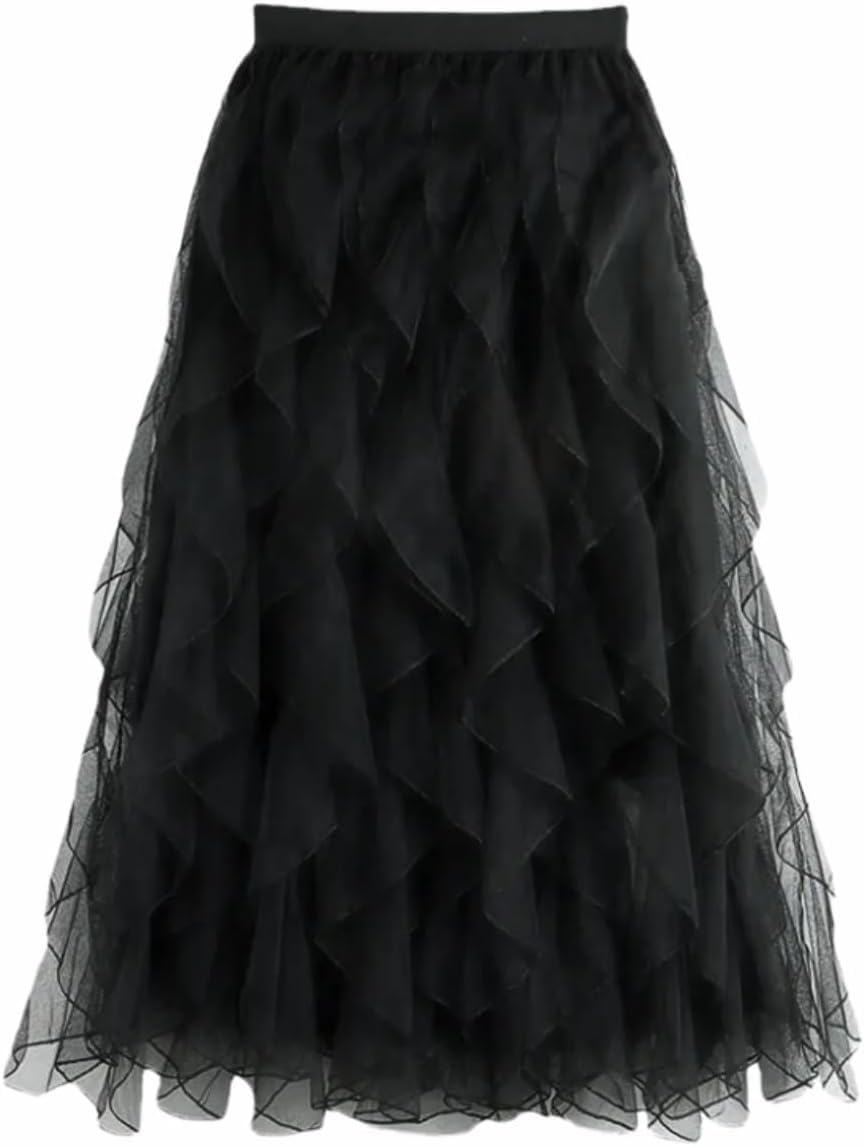 Women's Ruffled mesh Pleated midi Skirt, Elasticated high Waist